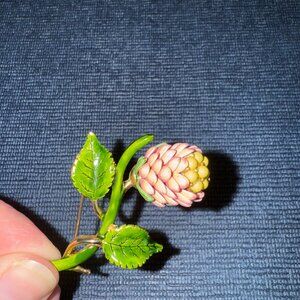 Flower Artichoke Pink Green Enamel Unique Vintage Gold Brooch Pin
